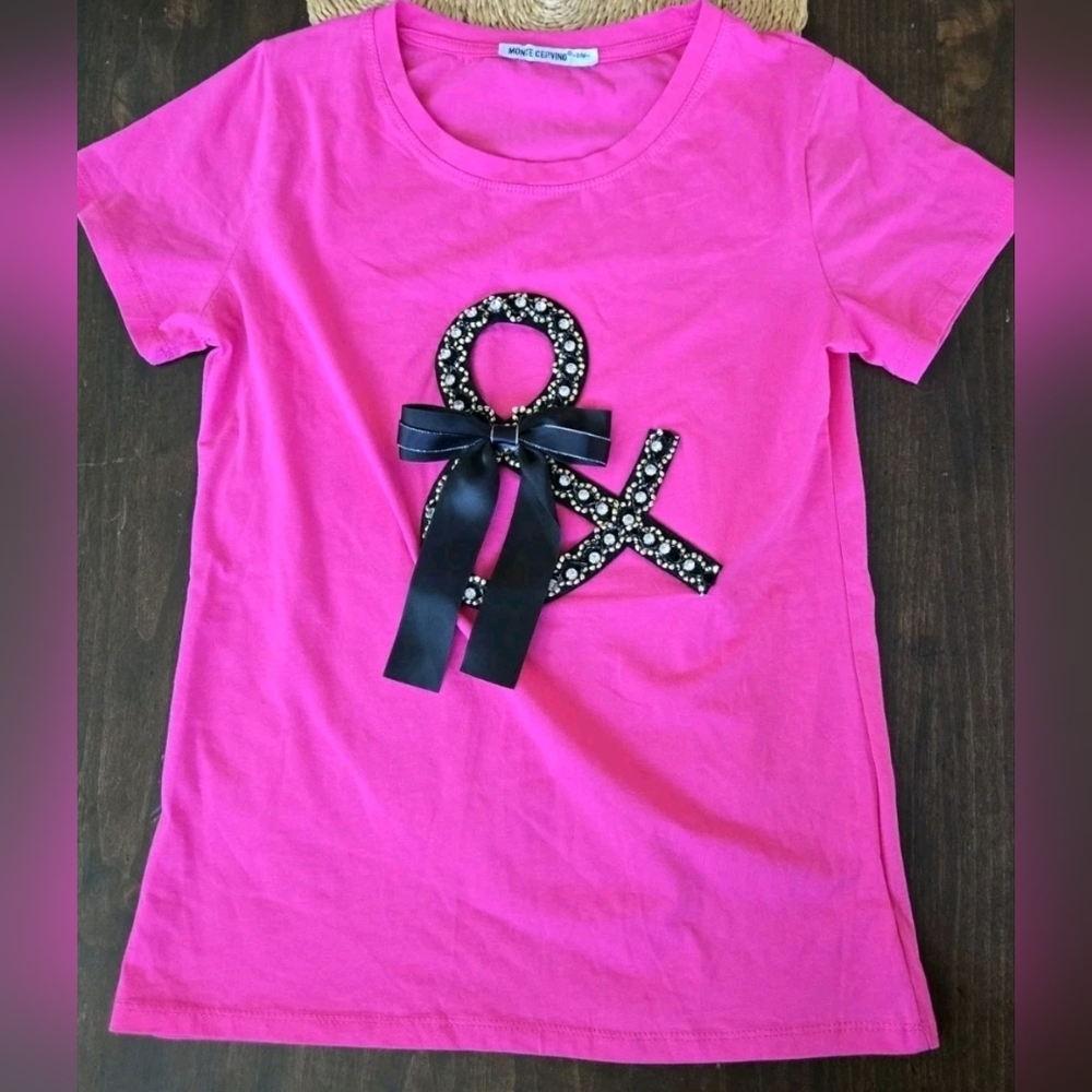 Y2K Hot Pink Statement Attitude Graphic Tee  Rhinestone Bow Monte Cervino S/M